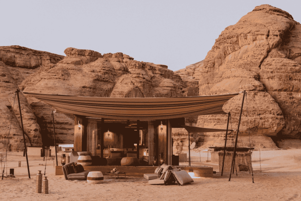 Habitas AlUla family staycation surrounded by sandstone cliffs in Saudi Arabia